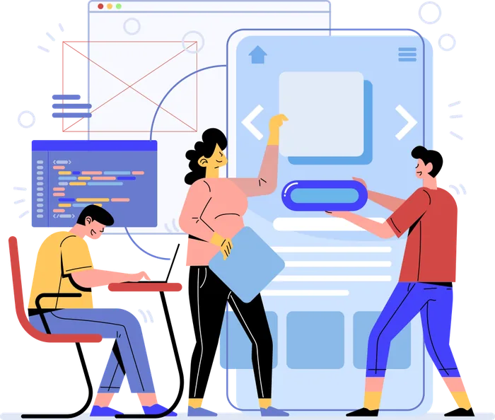 Illustration: Menschen bauen gemeinsam eine Website