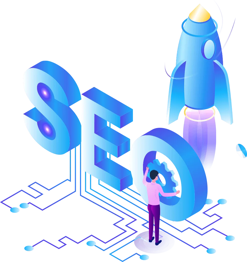 Illustration: SEO-Schriftzug mit startender Rakete