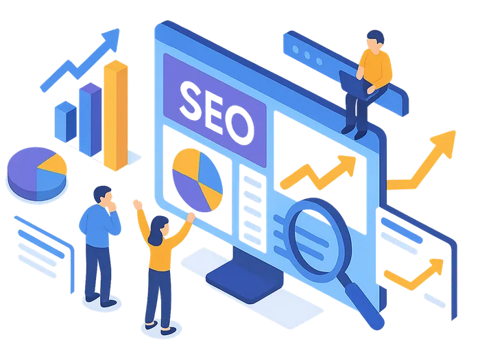 Illustration: Menschen analysieren SEO-Daten auf einem Bildschirm